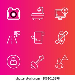 Premium set with outline vector icons. Such as photographer, warning, house, open, interior, home, computer, list, desktop, vintage, paper, lens, traffic, white, protection, canoe, equipment, camera