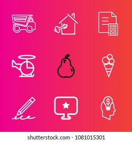 Premium set with outline vector icons. Such as home, transportation, agent, cream, fruit, property, vehicle, idea, fresh, white, pencil, write, dessert, car, sweet, star, transport, education, truck