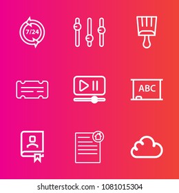 Premium set with outline vector icons. Such as service, support, paintbrush, texture, paint, background, cloud, contract, customer, blackboard, book, headset, operator, phone, sign, interface, white