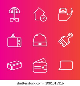 Premium set with outline vector icons. Such as steam, hat, cash, screen, vacation, cap, technology, holiday, object, purse, market, speech, brick, material, video, bubble, money, sale, television, sun