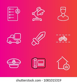 Premium set with outline vector icons. Such as resources, profile, phone, vehicle, technology, captain, cap, home, stationary, wheel, sword, transportation, job, bicycle, human, navy, estate, employee
