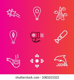 Premium set with outline vector icons. Such as tower, falling, arrow, pipe, french, navigation, landmark, famous, sign, travel, bomb, nuclear, france, dolphin, bright, europe, ocean, web, abstract