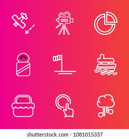 Premium set with outline vector icons. Such as button, picnic, baja, food, salt, flight, park, business, vessel, transportation, mexico, blue, click, movie, graph, communication, cloud, presentation