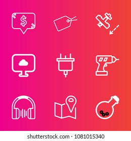 Premium set with outline vector icons. Such as travel, pin, road, web, medicine, tool, plane, template, flight, internet, square, fly, frame, cloud, music, airplane, audio, work, location, label, plug