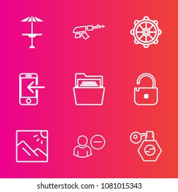 Premium set with outline vector icons. Such as user, machine, blank, rifle, pub, mobile, protection, technology, office, delete, helm, weapon, dark, coffee, pump, table, phone, paper, file, war, photo