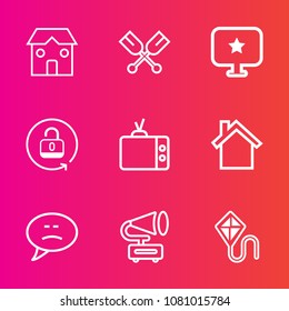 Premium set with outline vector icons. Such as record, paddle, bubble, canoe, sign, television, industrial, equipment, oar, boat, protection, open, construction, industry, computer, mobile, unlock, tv