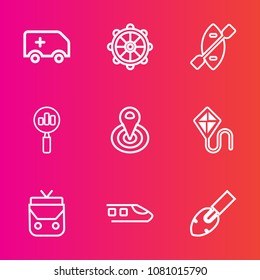 Premium set with outline vector icons. Such as nautical, sea, care, train, transportation, fun, summer, water, style, ship, navigation, kite, medical, paddle, equipment, leather, search, oar, canoe