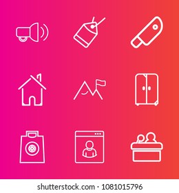 Premium set with outline vector icons. Such as kitchen, house, interior, megaphone, internet, meeting, speaker, black, gift, nature, communication, knife, conference, male, cut, element, tag, building