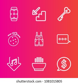 Premium Set With Outline Vector Icons. Such As Tag, Rocket, Upstairs, Space, Up, Price, Technology, Travel, Frame, Soup, Dish, Hand, Time, Clothing, Planet, Stairs, Minute, Circle, Clock, Door, Hot