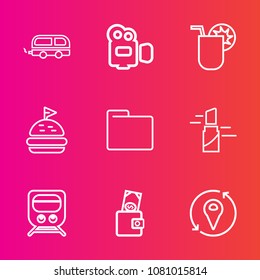 Premium set with outline vector icons. Such as cocktail, bread, summer, vehicle, office, view, file, equipment, handle, city, transport, food, transportation, fashion, travel, purse, lunch, folder