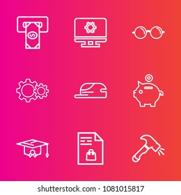 Premium set with outline vector icons. Such as shopping, graduation, education, action, computer, optical, graphic, finance, bank, construction, supermarket, view, list, cap, credit, college, market