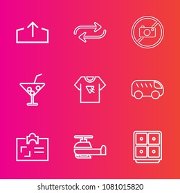 Premium set with outline vector icons. Such as change, juice, bank, concept, typography, camera, safe, drink, professional, move, upload, sign, transportation, left, finance, replace, substitute, web