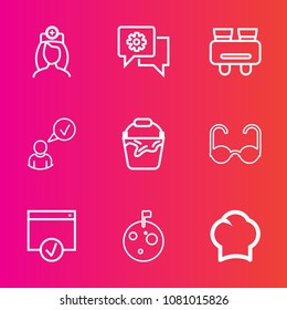 Premium set with outline vector icons. Such as sun, internet, web, spy, mobile, profile, cook, woman, bucket, watch, sunglasses, hospital, flag, moon, handle, medical, astronaut, sign, glasses, planet