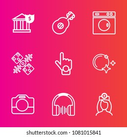 Premium set with outline vector icons. Such as finance, business, white, communication, investment, nurse, housework, music, bank, healthcare, cash, sound, sign, handle, gesture, doctor, equipment