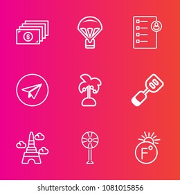 Premium set with outline vector icons. Such as message, ventilator, thermometer, jump, summer, scale, finance, human, currency, parachuting, tool, leaf, bank, france, spatula, web, fahrenheit, cash