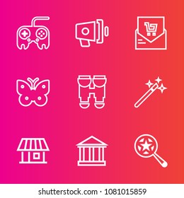 Premium set with outline vector icons. Such as tourism, optical, list, announce, building, view, butterfly, greece, message, sound, megaphone, technology, greek, search, wand, audio, loud, vision, web