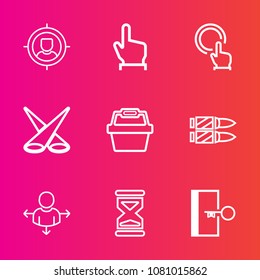 Premium set with outline vector icons. Such as backdrop, sand, gun, customer, escape, direction, hour, marketing, bullet, travel, bright, press, basket, place, hand, clock, business, button, group