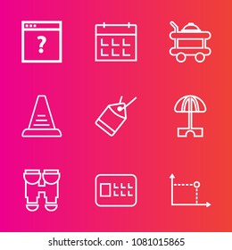 Premium set with outline vector icons. Such as sale, vision, sun, timetable, sign, information, step, text, up, date, tag, paper, safety, optical, time, view, page, web, security, summer, travel, safe