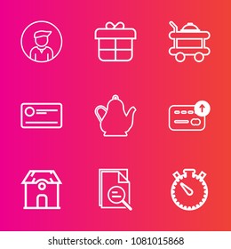 Premium set with outline vector icons. Such as male, clock, house, timer, home, birthday, kettle, architecture, drink, time, building, kitchen, casual, white, hotel, watch, estate, breakfast, bed, hot