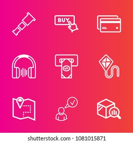 Premium set with outline vector icons. Such as money, galaxy, internet, finance, star, profile, trend, sign, summer, card, debit, web, machine, report, universe, astronomy, travel, stereo, button, pin