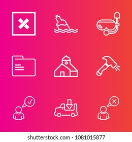 Premium set with outline vector icons. Such as clean, snorkel, building, health, office, equipment, sign, underwater, shovel, transport, paper, liquid, shipping, lorry, business, blank, transparent