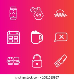 Premium set with outline vector icons. Such as drink, boxing, schedule, nature, hand, saw, perfume, closed, background, cafe, watch, clock, modern, glass, landscape, competition, beauty, hour, time