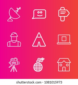 Premium set with outline vector icons. Such as direction, signal, internet, bomb, adventure, radio, power, chat, communication, cartoon, retro, construction, web, satellite, travel, emotion, explosion