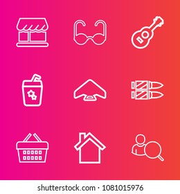Premium set with outline vector icons. Such as rock, front, glasses, computer, drink, home, horizontal, online, concert, jump, cocktail, juice, technology, telephone, vision, style, fashion, extreme