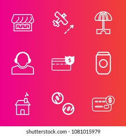 Premium set with outline vector icons. Such as currency, team, fly, sun, transportation, cash, summer, white, aluminum, aircraft, business, airplane, credit, can, card, market, service, shop, parasol