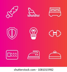 Premium set with outline vector icons. Such as fitness, gym, safety, bedroom, bank, exercise, sport, bulb, suitcase, sword, bottle, housework, liquid, electricity, bag, battle, blade, iron, drink, war