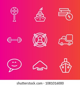 Premium set with outline vector icons. Such as , white, exercise, transport, bubble, bank, wealth, ventilator, speech, fitness, cooler, air, transportation, wind, physical, message, propeller, sky