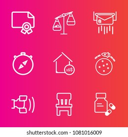 Premium set with outline vector icons. Such as cell, house, measurement, rocket, graduation, award, real, diploma, east, travel, balance, certificate, post, price, pharmacy, letter, comfortable, chair