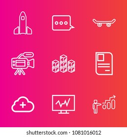 Premium set with outline vector icons. Such as warehouse, success, video, medicine, science, board, orbit, diagnostic, shuttle, sign, storehouse, progress, identity, development, lens, add, astronaut