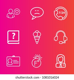 Premium set with outline vector icons. Such as service, cream, application, food, document, identity, old, technology, employee, profile, speech, chat, name, support, ball, call, book, subscribe, job