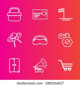 Premium set with outline vector icons. Such as record, shop, ufo, retro, retail, sound, blue, tape, summer, park, furniture, glasses, beauty, interior, mexico, vintage, lunch, home, spaceship, baja