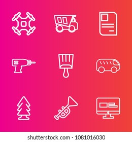 Premium set with outline vector icons. Such as aerial, environment, business, aircraft, card, brush, nature, tree, tipper, remote, copter, white, personal, dumper, camera, left, move, identity, forest