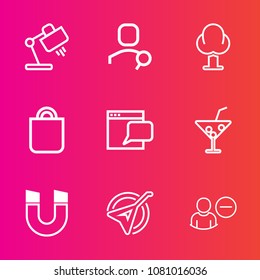 Premium set with outline vector icons. Such as sign, website, glass, cocktail, web, present, table, nature, forest, light, home, online, field, account, magnetic, pole, gift, decoration, trunk, lamp