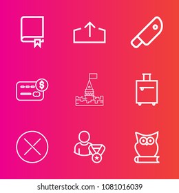 Premium set with outline vector icons. Such as balance, medieval, online, book, library, knowledge, credit, upload, cut, bird, building, education, web, school, card, castle, bank, suitcase, sign, bag