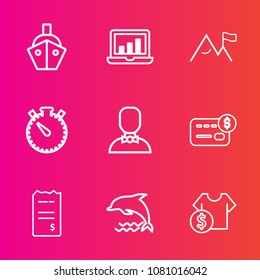 Premium set with outline vector icons. Such as data, wildlife, balance, time, bar, cost, price, animal, internet, finance, credit, graph, sale, dolphin, chart, white, transport, screen, computer, ship