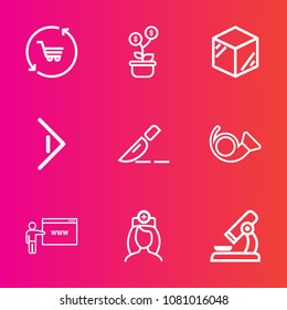 Premium set with outline vector icons. Such as store, retail, jazz, microscope, doctor, financial, cart, biology, success, musical, operation, tree, refreshment, arrow, nurse, clinic, laboratory, box