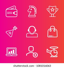 Premium set with outline vector icons. Such as purse, wallet, musical, transport, cash, reward, dollar, game, chart, award, prize, sale, computer, support, team, chess, payment, finance, success, buy