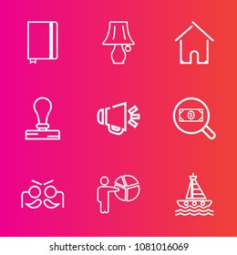 Premium set with outline vector icons. Such as stamp, building, people, party, business, concept, search, lamp, paper, find, bulb, sound, home, architecture, switch, stationery, yacht, celebration