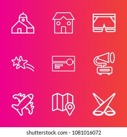 Premium set with outline vector icons. Such as shiny, music, cassette, tape, location, stereo, audio, industry, falling, equipment, meteor, plane, gramophone, light, sparkle, construction, aircraft