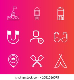 Premium set with outline vector icons. Such as ben, account, big, water, delete, fairytale, westminster, web, luxury, castle, pole, england, london, old, tower, camp, magnetic, canoe, medieval, paddle
