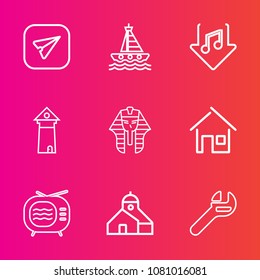 Premium set with outline vector icons. Such as famous, music, egyptian, communication, tv, equipment, business, culture, ancient, travel, sea, house, landmark, repair, phone, technology, tool, home