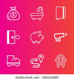 Premium set with outline vector icons. Such as exit, road, fun, gun, cash, war, sink, leisure, paper, style, weapon, bath, textbook, military, sign, navigation, beautiful, bank, ancient, interior, map