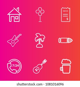 Premium set with outline vector icons. Such as concert, alcohol, wind, air, drink, support, nature, money, paper, property, tropical, architecture, weapon, bar, military, guitar, call, help, leaf, gun