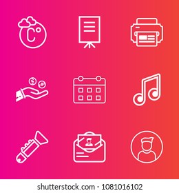Premium set with outline vector icons. Such as degree, calendar, meeting, timetable, trumpet, thermometer, envelope, businessman, seminar, sign, internet, scale, meteorology, music, musical, weather