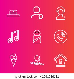 Premium set with outline vector icons. Such as profile, person, ingredient, sunrise, nature, technology, salt, website, white, dessert, musical, call, wooden, fashion, object, music, sound, hat, spice