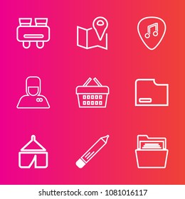 Premium set with outline vector icons. Such as road, equipment, guitar, search, see, office, pencil, location, service, navigation, view, basket, white, music, bellhop, nature, concept, tent, market